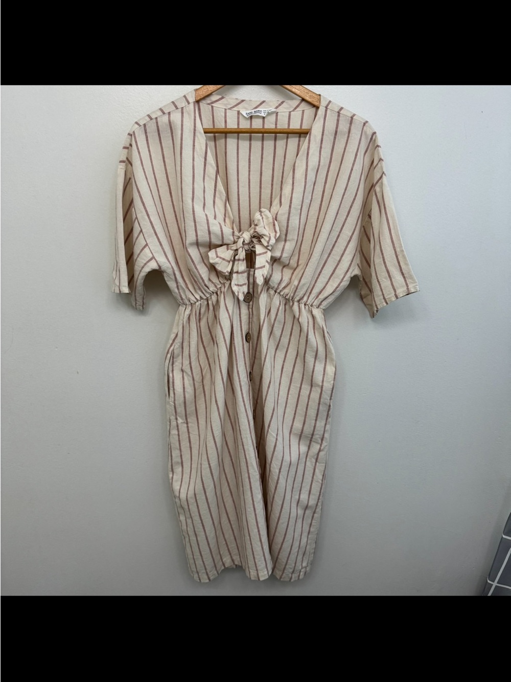 Zara Cream Midi Dress with Stripes and Front Tie - Picture 5 of 8
